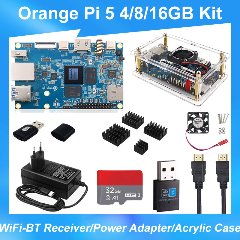Orange Pi 5 4 8 16GB RK3588S módulo PCIE externo WiFi + BT receptor Gigabit Ethernet SSD placa única opcional Acrílico