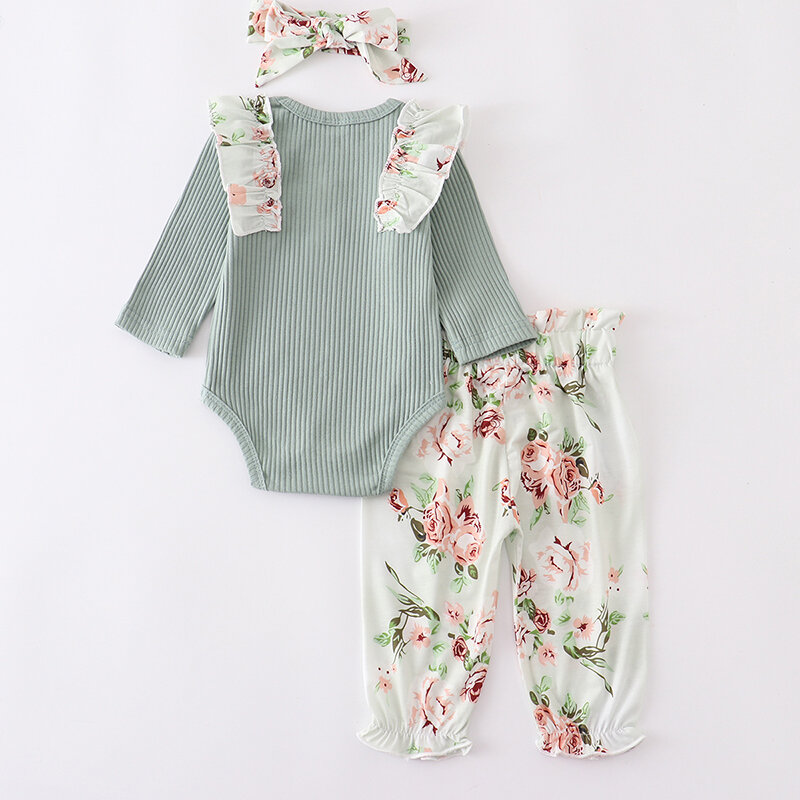 Pakaian katun bayi perempuan 3 potong, musim gugur dan musim dingin atasan Romper hijau celana Motif bunga + bandana pita pakaian bayi baru lahir