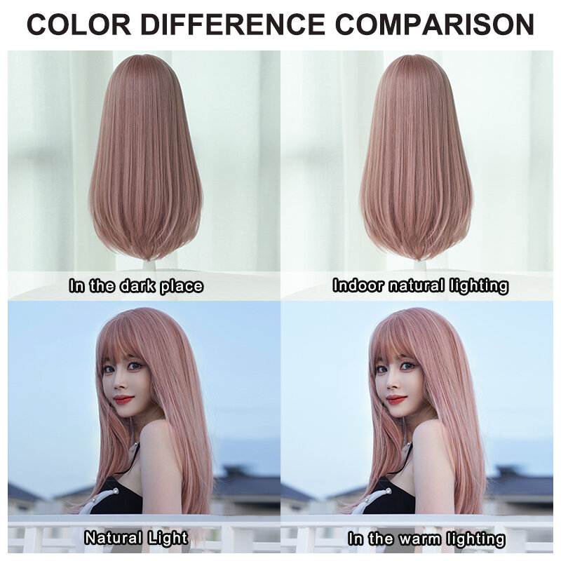 7JHH WIGS Lolita Wig Synthetic Orange Pink Wigs with Curtain Bangs High Density Shoulder Length Colorful Hair Wig for Women