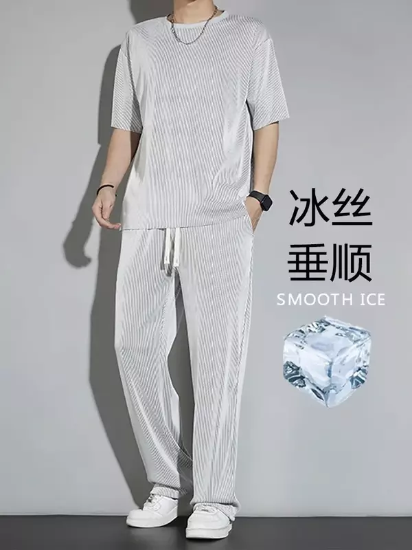 Setelan celana Kpop lengan pendek pria, baju olahraga gaya Korea estetika keren Xl musim panas