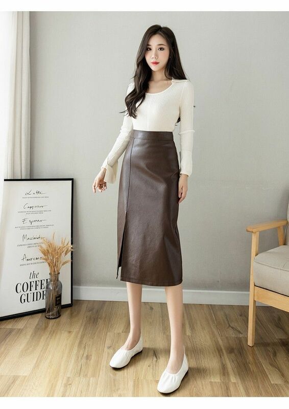 Женские длинные юбки, модная кожаная юбка из искусственной кожи 2024, однотонная Офисная женская элегантная юбка миди с разрезом и высокой талией N74
