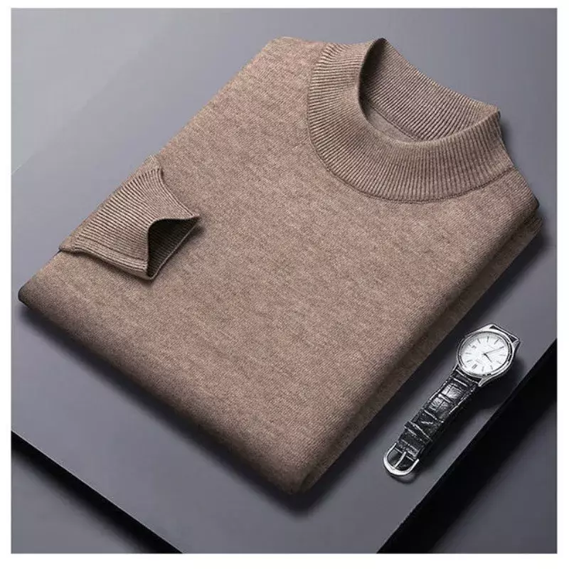 Sweater beludru lengan panjang pria, pullover Turtleneck longgar warna Solid untuk lelaki 2024