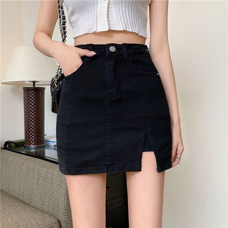 Deeptown Denim Women Skirt Shorts Vintage Sexy Y2K Slit Skirt A-line Streetswear Casual Retro Korean Fashion Jean Short Skirt