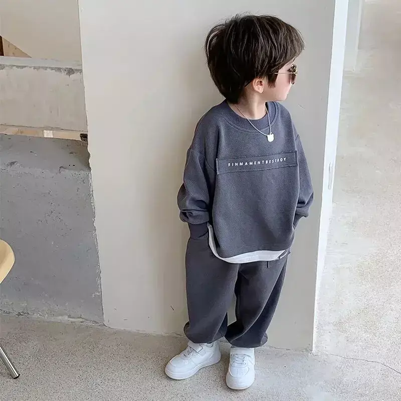 Boys' Sweater Set New Korean Spring and Autumn Children's Loose Relaxed Sports Set Kids Baby Top and Pants Two Piece Set