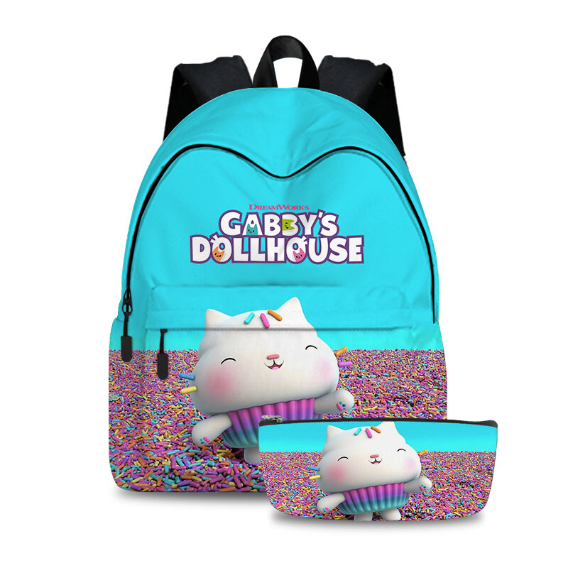 Gabby's Dollhouse Mochila Infantil, sacos escolares de desenhos animados kawaii, mochila durável para crianças, caneta para estudante, presente de volta à escola, 2 peças por conjunto