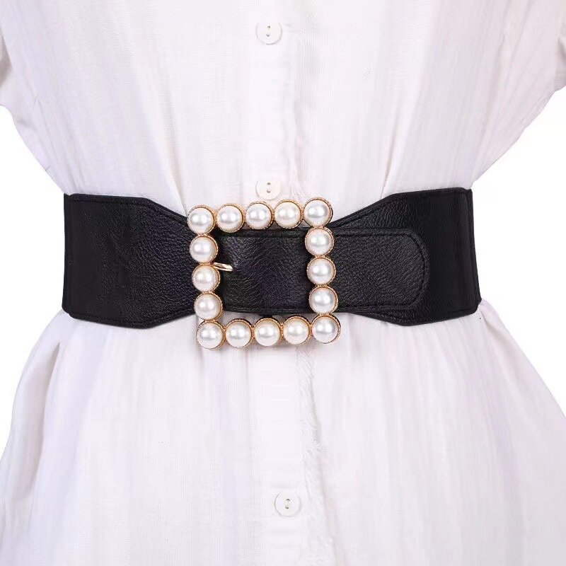 Cinturón de cuero PU con perlas de Metal para mujer, con hebilla pretina, banda elástica para la cintura, estilo Ins, Túnica, vestido, accesorio decorativo