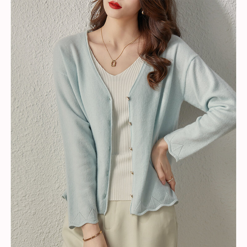 Высококачественный модный женский кардиган с V-образным вырезом 100% кашемировый свитер весна-осень с длинным рукавом мягкий офисный женский базовый трикотажный топ
