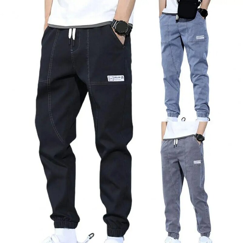 Pantalones vaqueros de Color sólido para hombre, cintura elástica, cordón en el tobillo, bandas de primavera, uso diario