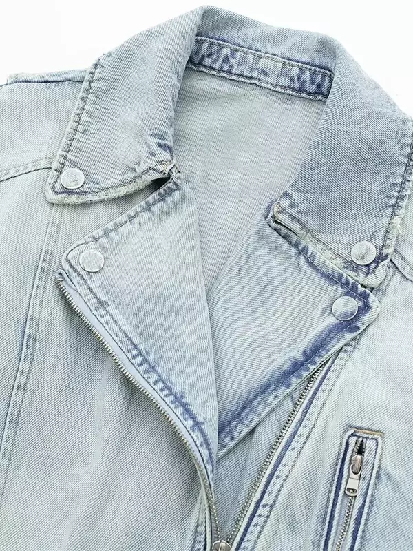 Jaqueta jeans vintage de lapela com zíper feminino, casaco curto de motociclista de moto solto, outwear feminino, novo, primavera, outono