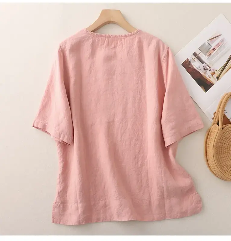 Camisa feminina de manga curta com decote em O, linho algodão, estilo chinês, blusa vintage sólida de verão, tops soltos, roupa coreana, 2024