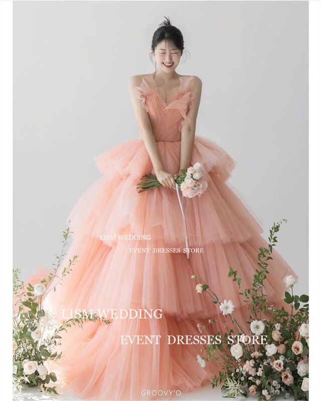 LISM 블러쉬 핑크 한국 이브닝 드레스, 2024 사진 촬영, 요정 얇은 명주 그물 드레이프, 결혼식 공식 행사 가운, 민소매 신부 원피스