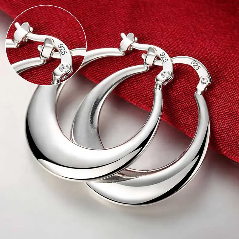 925 Sterling Silver Simples Rodada Círculo Hoop Brincos para Mulheres, Charme Jóias, Casamento e Noivado, qualidade superior, moda
