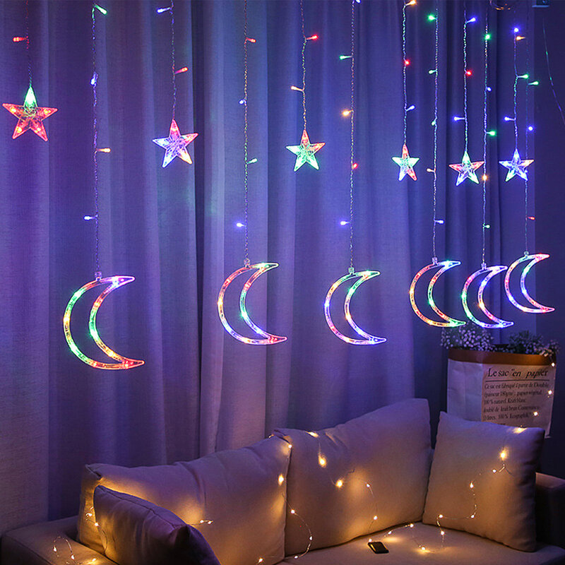 3.5M Terang LED Bintang Bulan Natal String Peri Lampu Garland Luar Rumah untuk Pernikahan/Pesta/Tirai/Dekorasi Ramadhan