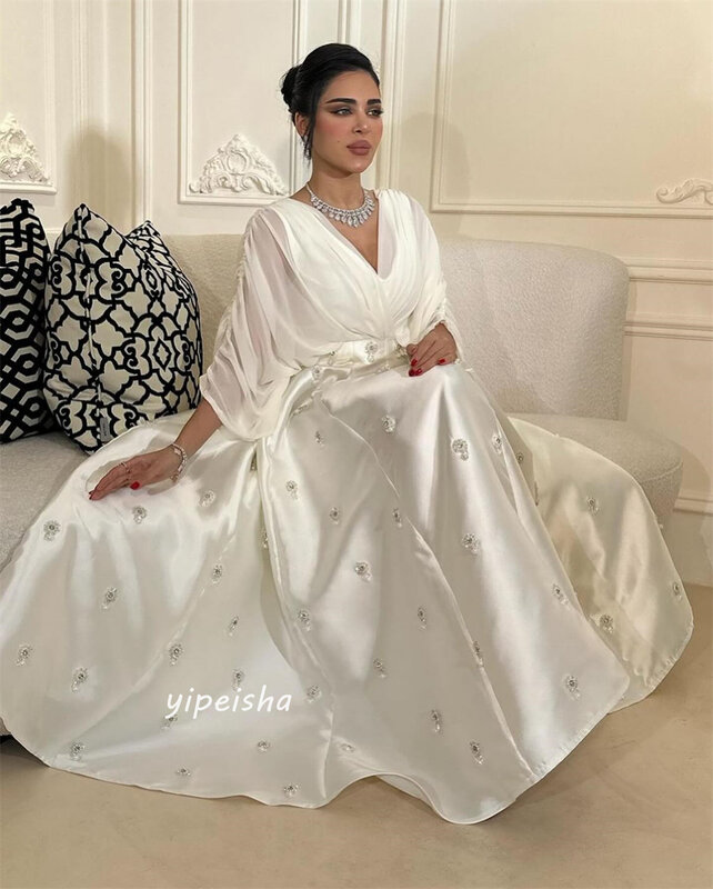 Gaun Prom Arab Saudi Satin terbungkus Applique Pleat Gaun malam A-line V-Neck Bespoke gaun acara gaun lengan panjang