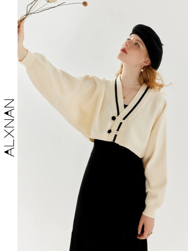ALXNAN Fashion Contrast V-neck Sweater Suspender Dress 2-piece Suit 2024 Casual Female Short Knitwear Top Sold Separate TM00703