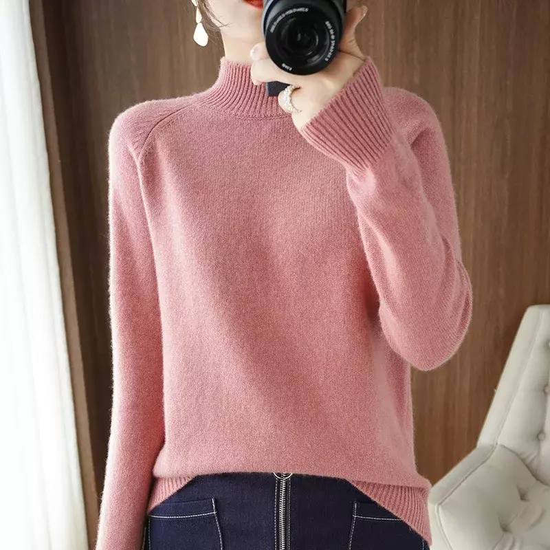 두꺼운 따뜻한 하프 하이 칼라 캐시미어 스웨터 여성용, 한국 솔리드 그린 캐주얼 기본 풀오버 니트웨어, 2023 가을 겨울