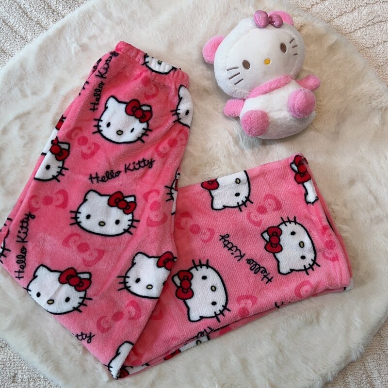 Kawaii Sanrio Hellokitty kreskówka piżama Y2K kobiety jesień/zima puszyste ciepłe spodnie babci moda luźna odzież domowa