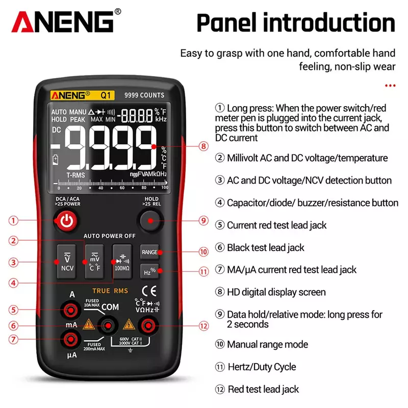 ANENG-Multimètre numérique Q1, testeur analogique 9999, True RMS, professionnel, bricolage, transistor, puzzles, testeurs NCV, compteur LCR