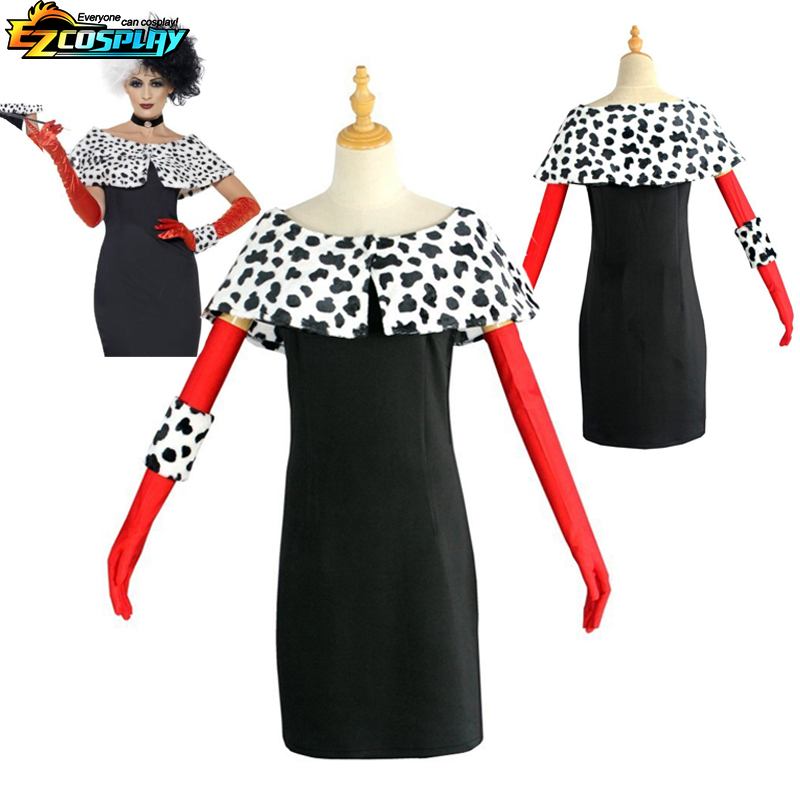 Cruella De Vil fantasia cosplay feminina, vestido preto e branco, vestido de empregada, roupas de festa de Halloween, 4 estilos