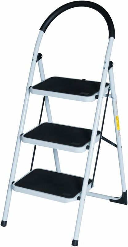 Folding 3 Step Ladder Home Depot Steel, Lightweight 300 lb Capacity with Hand Grip Anti-Slip and Wide Pedal