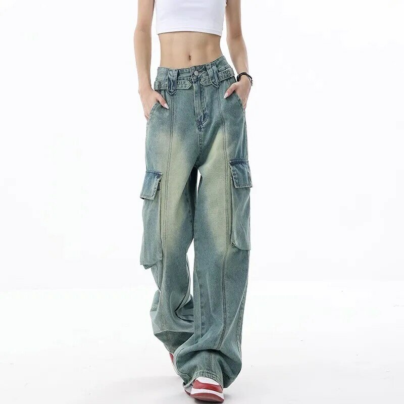 Women Cargo Trousers Straight Cargo Jeans Pants High Waist Vintage Pantalon Streetwear Femme Mujer Multi Pocket Jeans 2023