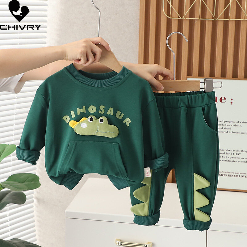 Nuovo 2023 neonati maschi primavera autunno moda cartone animato dinosauro lettera girocollo felpa top con pantaloni bambini set di abbigliamento Casual