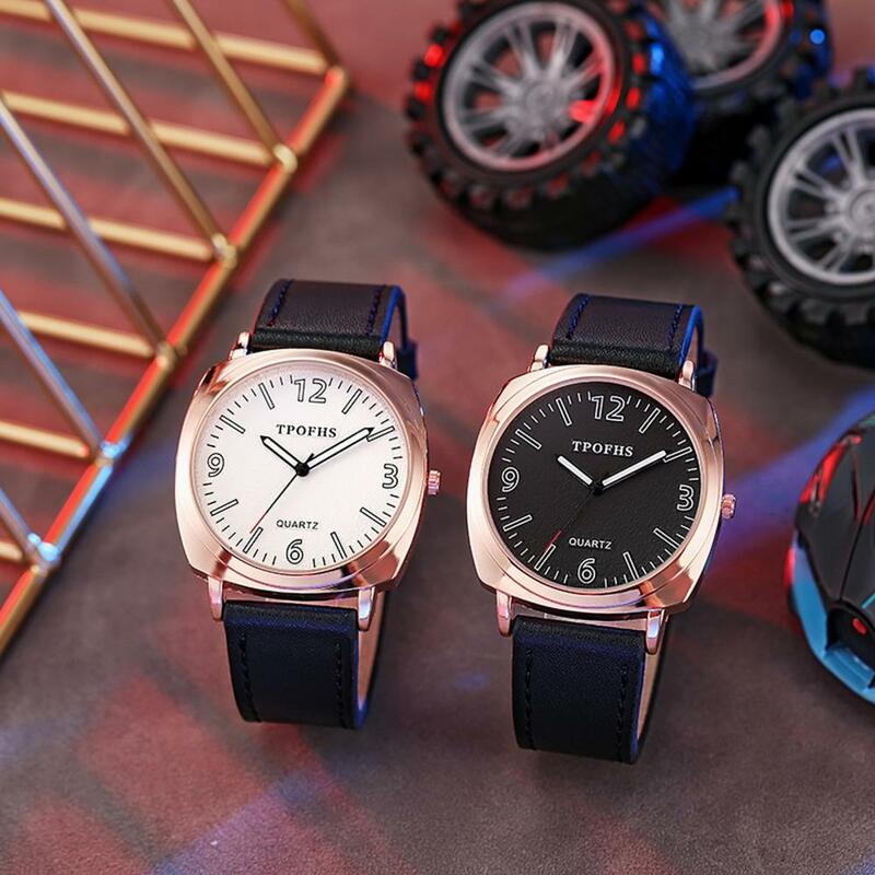 Relógio de quartzo minimalista elegante masculino, pulseira de couro falso, mostrador redondo, vestido casual, design elegante, aniversário