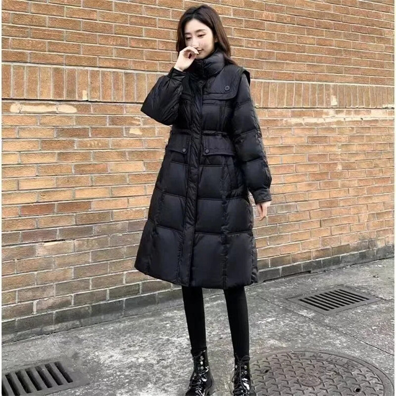 Утягивающий пуховик корейской версии с завышенной талией, утепленное пальто для женщин, хлопковая одежда, женские парки с военным воротником