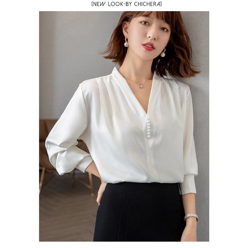 Женская рубашка с V-образным вырезом, элегантная повседневная Однотонная рубашка с длинным рукавом, корейский стиль, весна-лето 2023