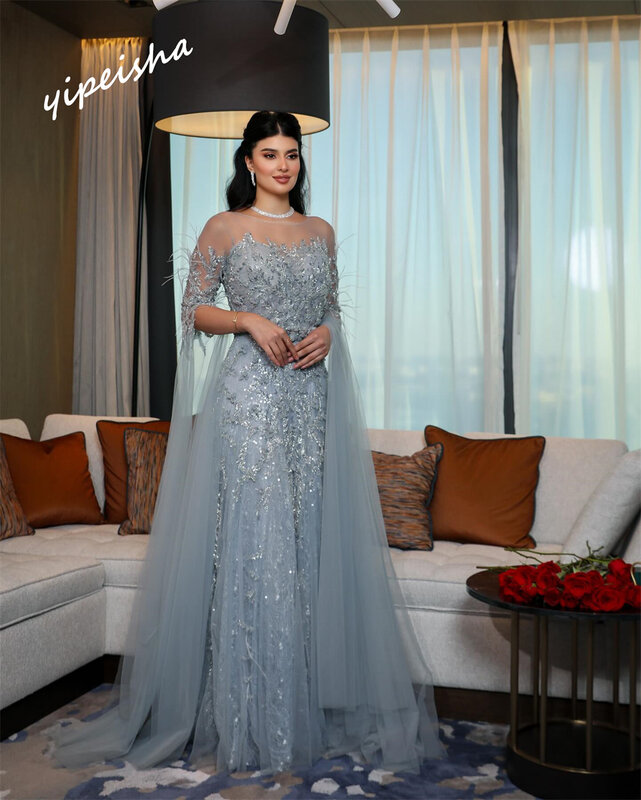 Yipeisha Prom Dress Prachtige Juweel A-Lijn Floor Length Jurken Pailletten Veren Tule Aangepaste Saudi-Arabië
