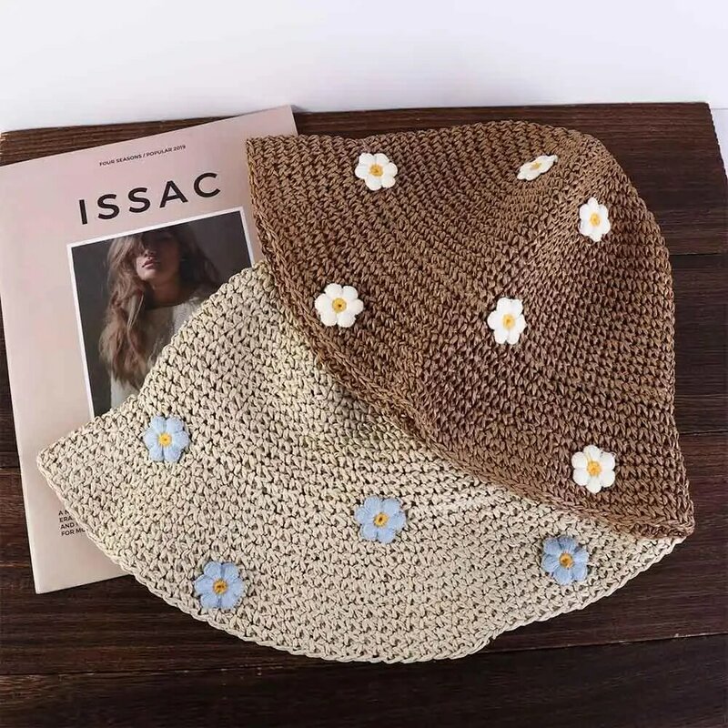 Topi perjalanan wanita, modis topi pantai Panama topi buatan tangan menenun Boho topi datar perlindungan UV topi jerami topi matahari perlindungan matahari
