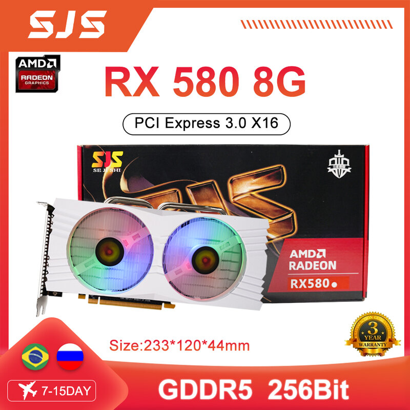SJS AMD RX580 8GB 2048SP สำหรับเล่นเกมกราฟิกการ์ด GDDR5 256Bit PCI Express 3.0 × 16 8Pin Radeon GPU RX 580 Series placa de Video