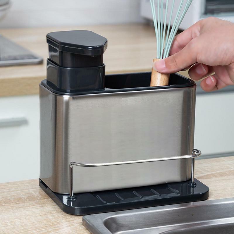 Dispensador de jabón de acero inoxidable con soporte para esponja, organizador de fregadero de cocina multifuncional para detergente para platos, cepillo y esponja