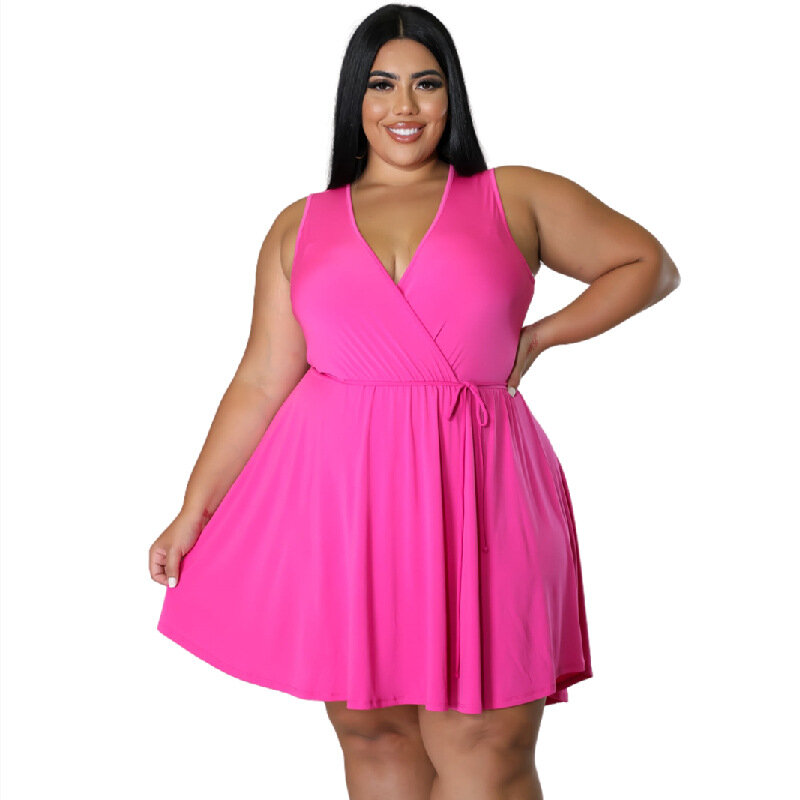 WSFEC XL-5XL Dresses for Women 2023 Summer Plus Size Clothing Solid Simple Sleeveless Bandage Wild Sexy Mini Dress Dropshipping