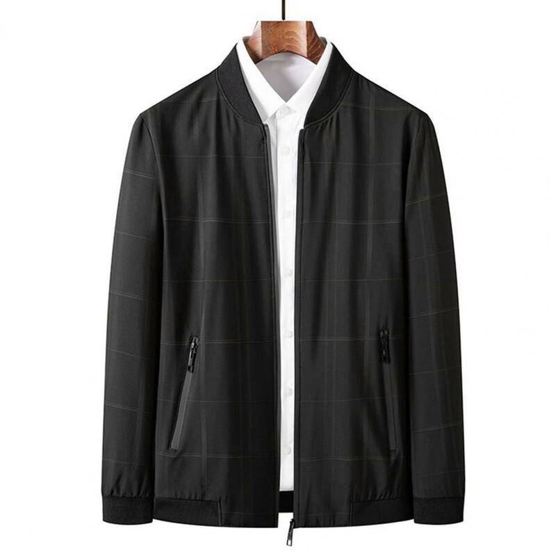 Jaqueta masculina de tempo frio, cardigã de comprimento médio, fechamento suave com zíper, gola alta, ajuste solto, casaco elegante masculino, outono, inverno