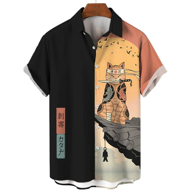 男性用ハワイアンキャットアーウォリアーグラフィックシャツ、半袖ラペルストリートウェア、ボタンブラウス、日本のファッション、夏