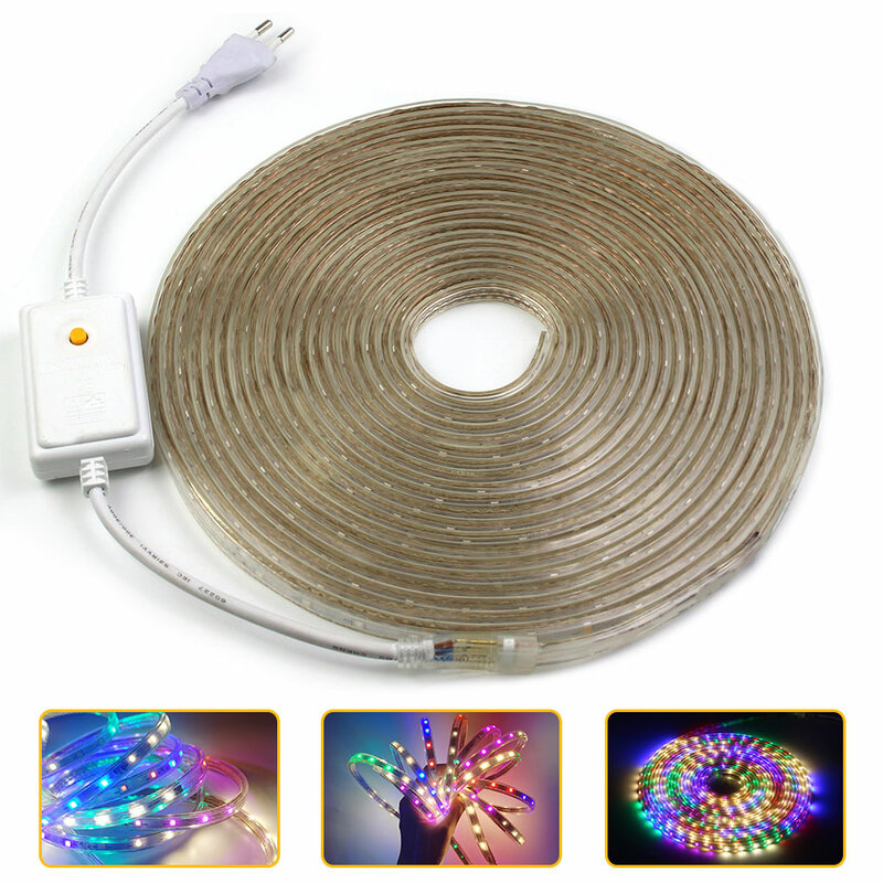 220V LED Strip Colorful Flash Waterproof Red Green Blue White Pink Yellow Color Changeable LED Tape Strip Light 8 Modes EU Plug