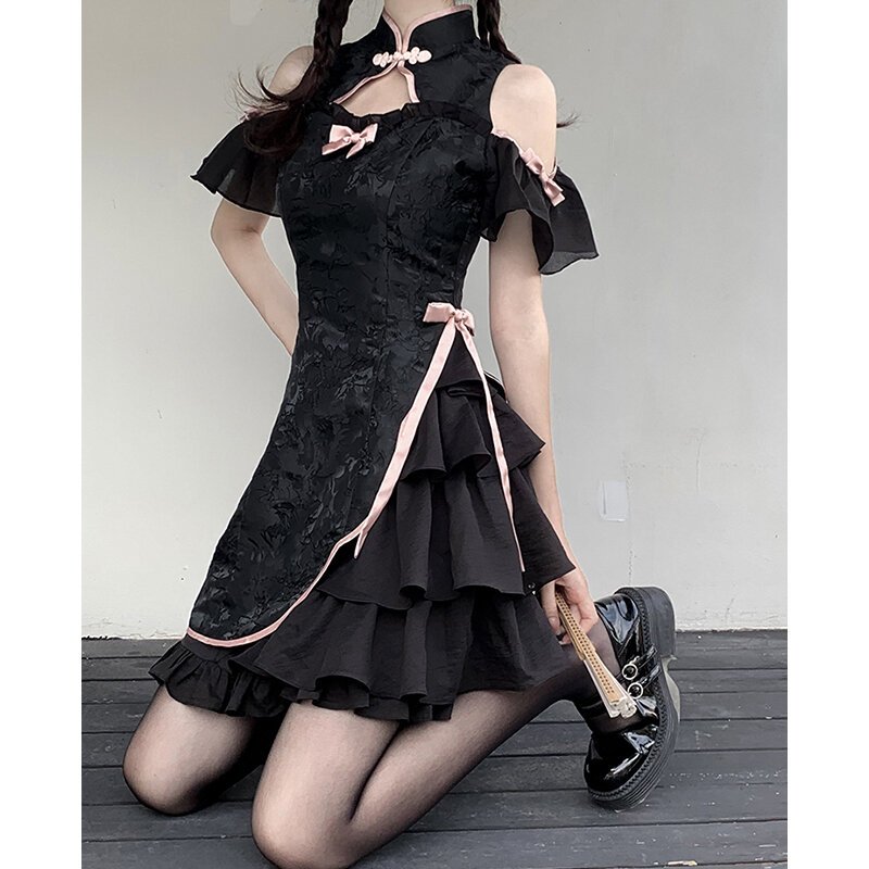 Kobiety Kwawaii sukienka Vintage Cheongsam słodka, Slim Y2K Lolita gotyckie dziewczyny na co dzień nowa moda Harajuku seksowna estetyczna 2024 sukienka