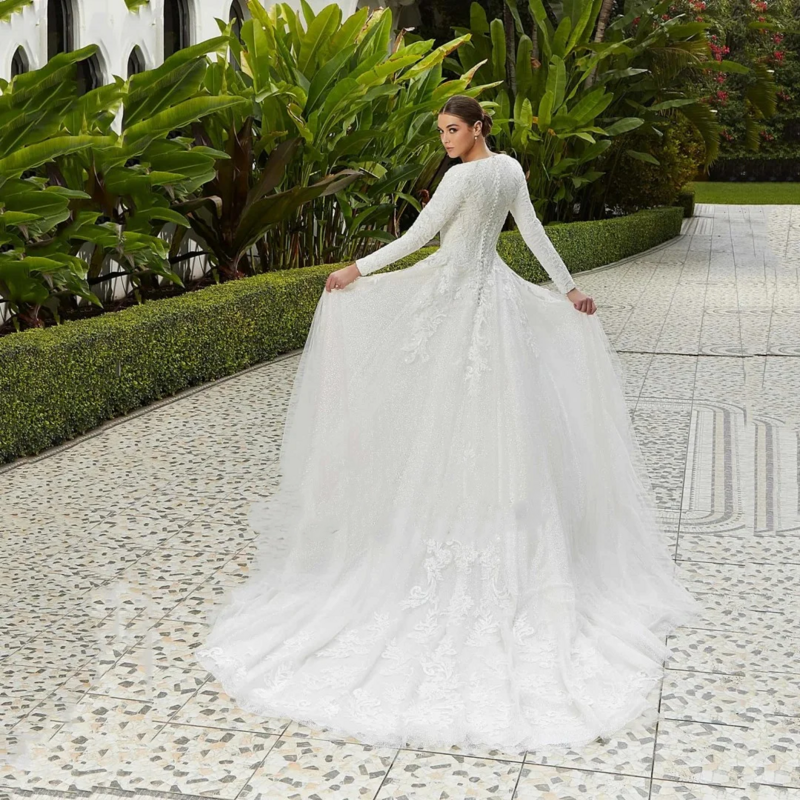 Flavinke elegancka tiulowa suknia ślubna dla kobiety z dekoltem na łódkę z długim rękawem kwiecista koronka aplikacje na guziki Vestidos De Noiva 2024