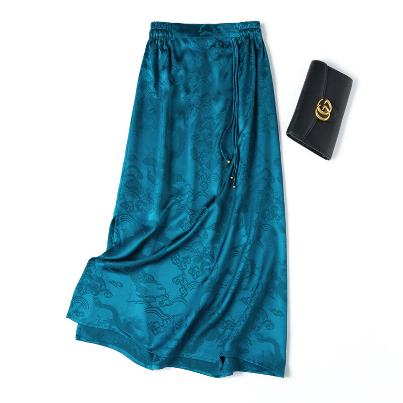 Falda china de seda de morera 2024 Natural para mujer, falda de satén Jacquard, color azul pavo real, 100%