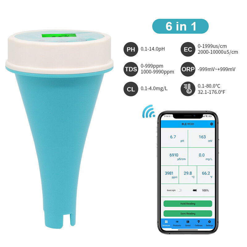 BLE-YC01 Online Pintar Bluetooth Air Klorin/PH/TDS/EC/ORP/TEMP 6 IN 1 Meter PH Meter Didukung Oleh Aplikasi Seluler untuk Kolam Akuarium