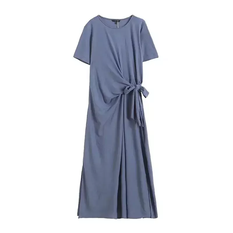 Новинка 2023, шикарное модное приталенное длинное платье с поясом, женское платье в стиле ретро с коротким рукавом и круглым вырезом, женские платья