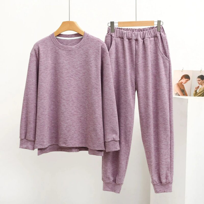 Women Thickened Homewear Sweater Suit Autumn/winter Symphony Flat Velvet Round Neck Short Front Long Back Fashion Thermal Home