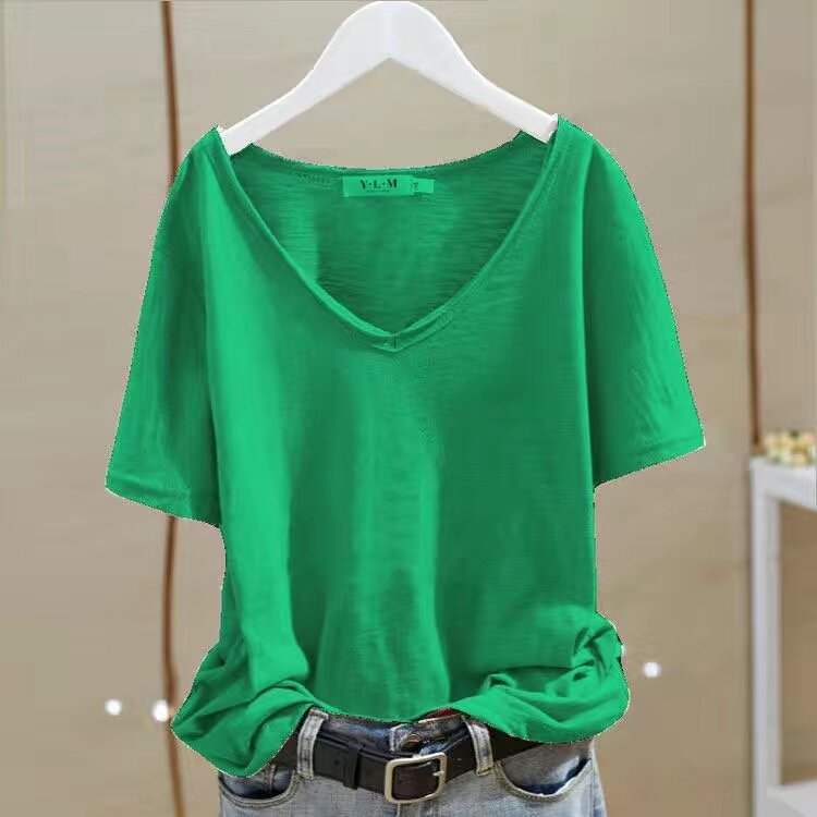 Camiseta Simple de color liso para mujer, camiseta 2d con cuello en V, manga corta, ropa de calle suelta, camiseta informal para mujer