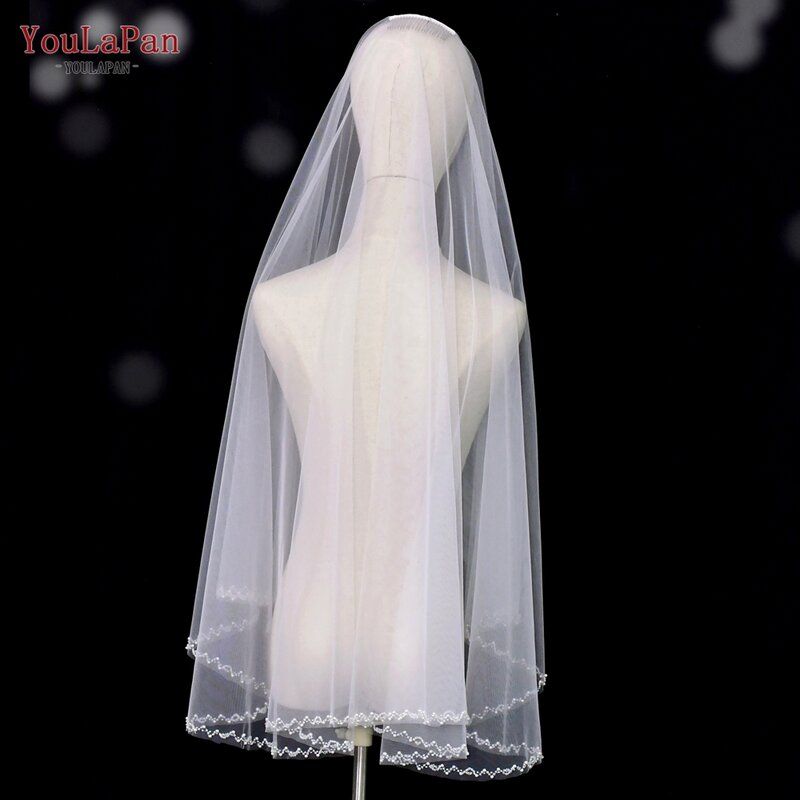 Youlapan-velo de novia con borde de cristal y cuentas, 2 capas, cubierta frontal y trasera, lentejuelas reales de lujo, V121