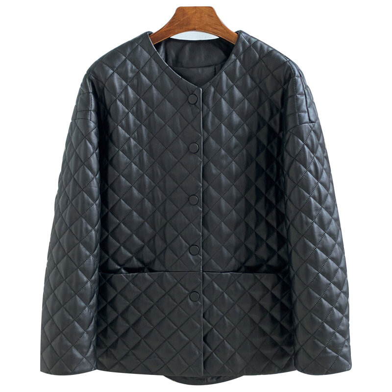Jaqueta preta real feminina roupas de couro primavera outono alta qualidade algodão-acolchoado longo jaqueta de couro genuíno casacos femininos zm546