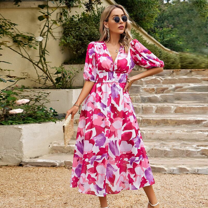 2024 New Beach Dress for Women Summer Waist Collection V-neck Printed Long Dress Cover-Ups Outdoor Sports Swimwears Clothing