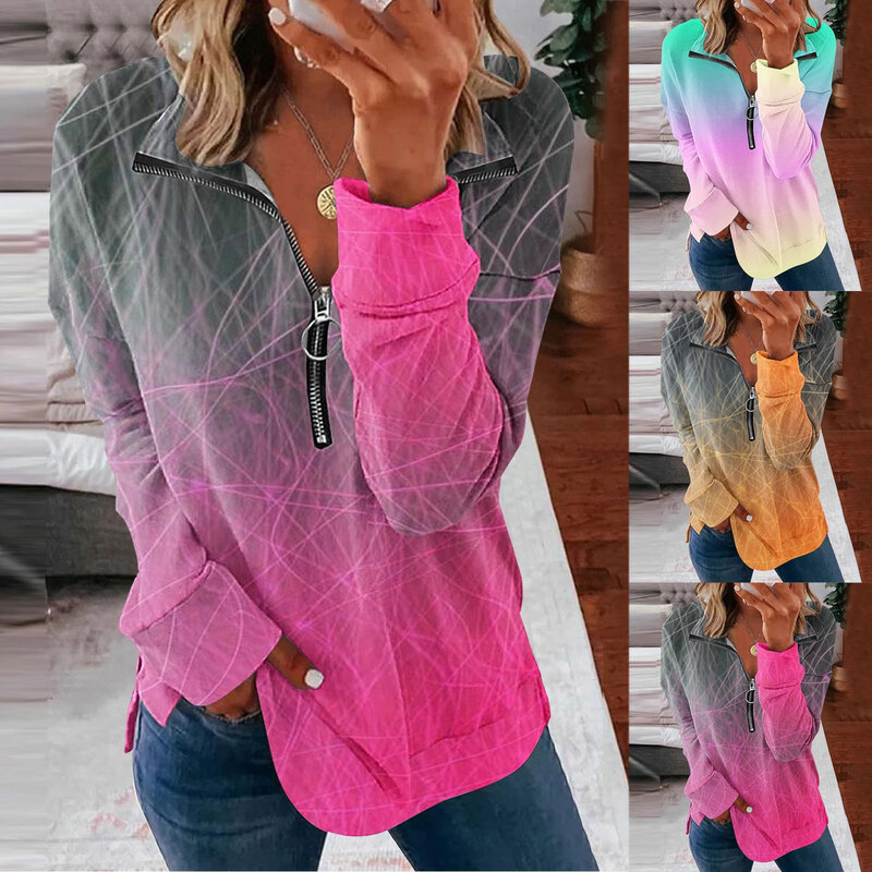 Graficzna estetyczna bluza swetry damskie na co dzień z dekoltem w szpic wydruk gradientowy bluza z długim rękawem w stylu Vintage