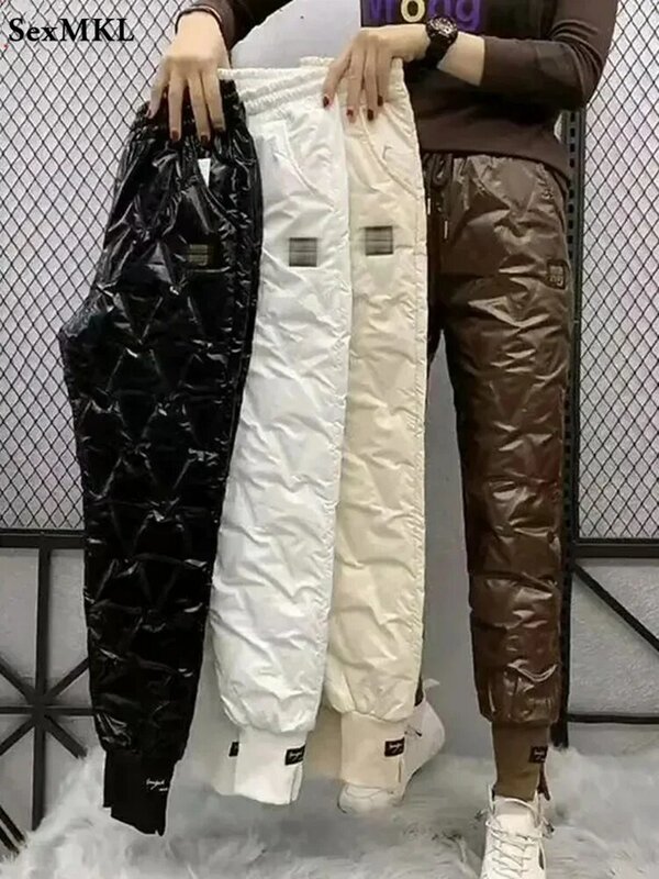 Зимние Пуховые хлопковые брюки-карандаш большого размера, теплые модные облегающие плотные женские брюки в Корейском стиле, Повседневные высокие черные брюки 4XL
