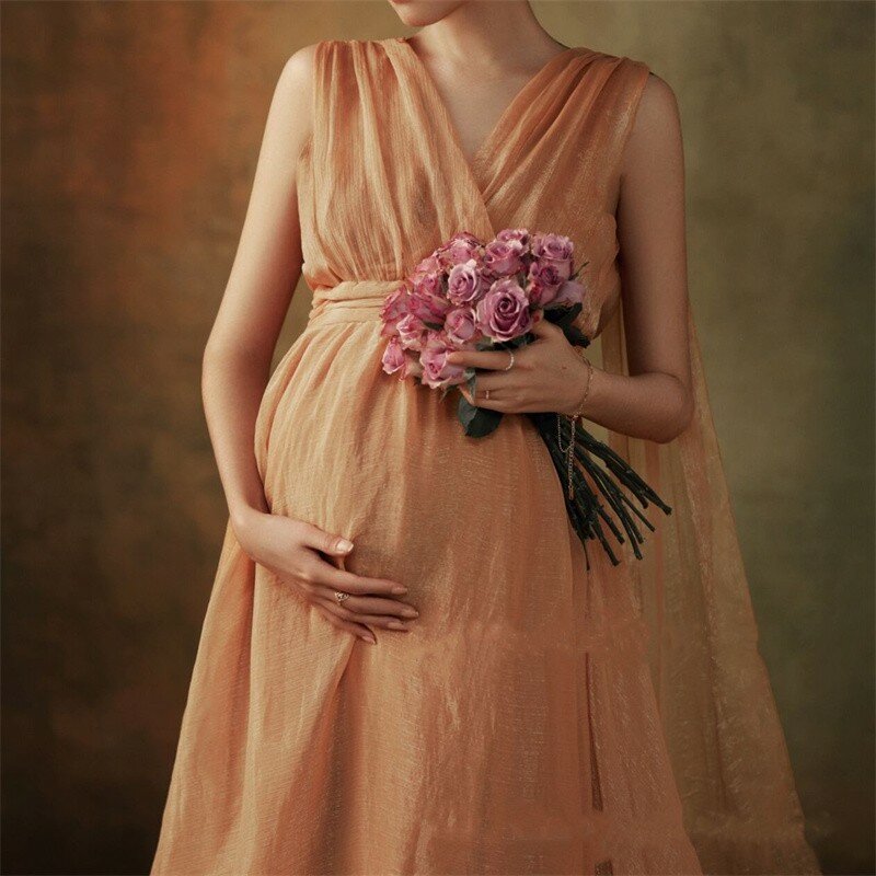 Vintage Maternity Photography Dress Retro Sleeveless V-neck Maternity Dress Long Tulle Baby Shower Robe Studio Photo Shoot Props